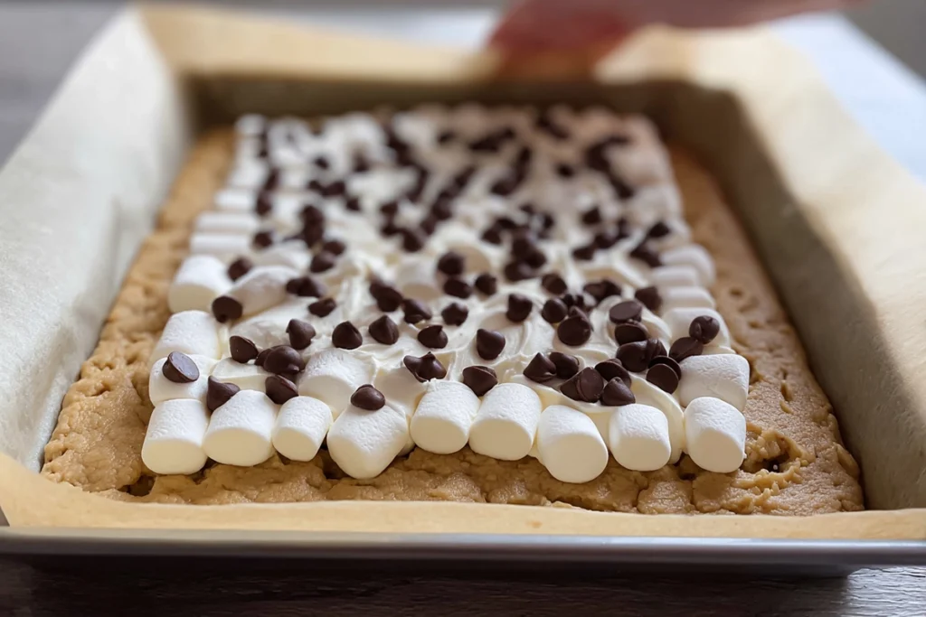 layering cookie dough, marshmallow creme, and chocolate for S’mores Cookie Bars in a baking pan