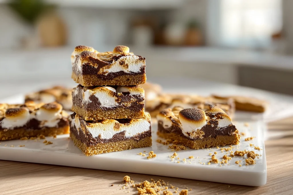 serving plate of S’mores Cookie Bars showing gooey chocolate and marshmallow layers