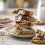photorealistic hero shot of fresh s’mores cookies with melted chocolate and marshmallows