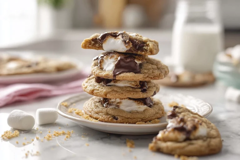 photorealistic hero shot of fresh s’mores cookies with melted chocolate and marshmallows