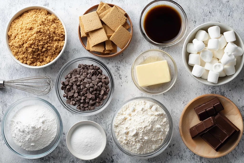 overhead photo of s’mores cookies ingredients arranged in glass bowls