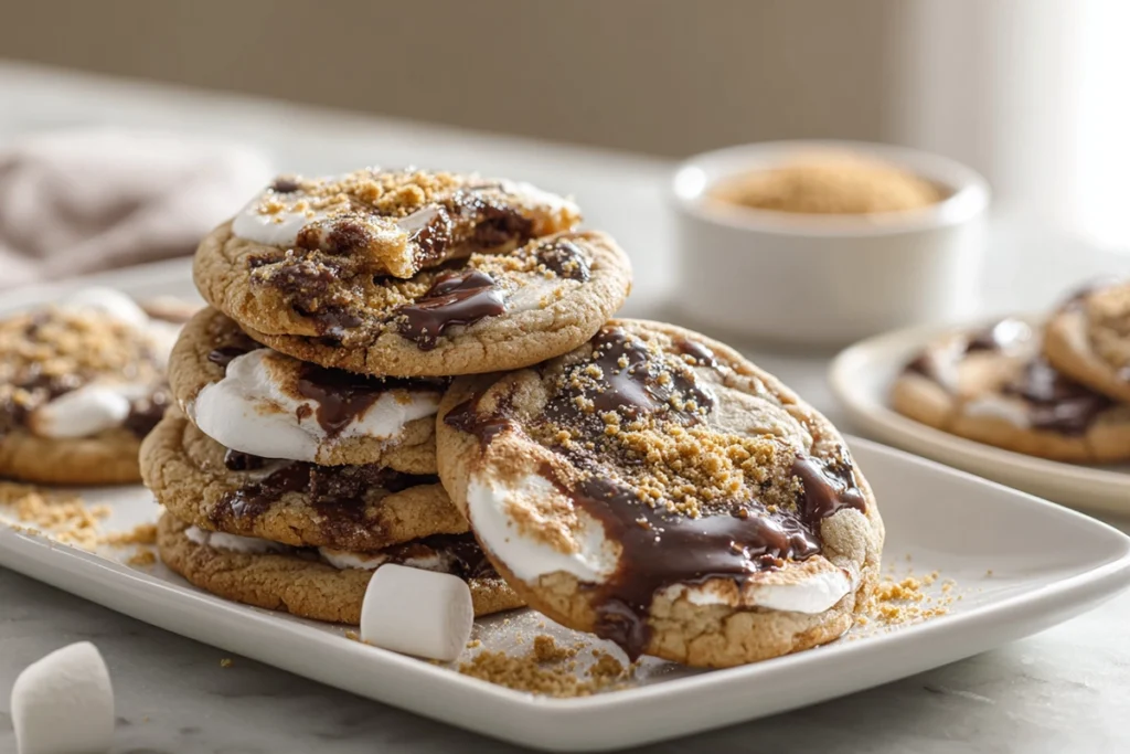 photorealistic serving platter of warm s’mores cookies ready to enjoy