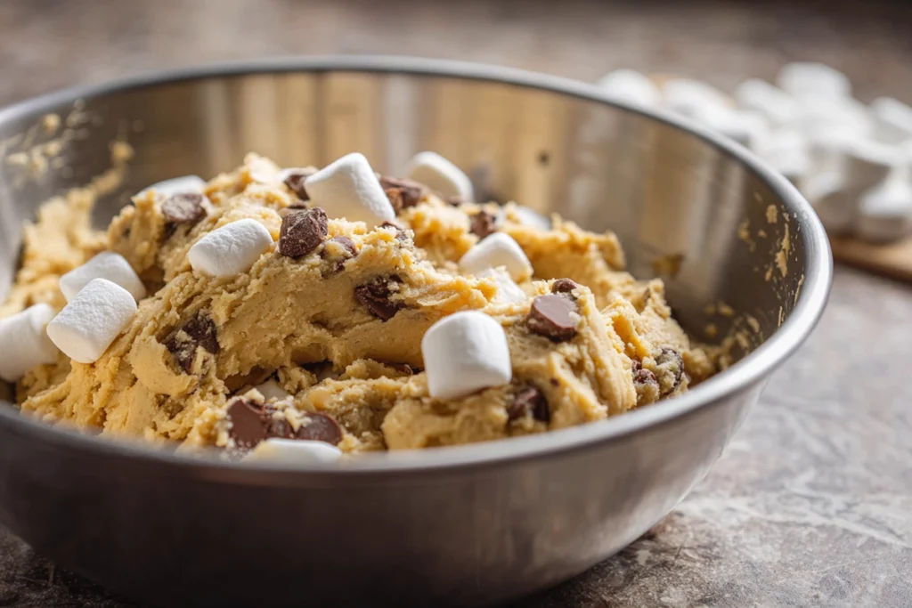 close-up photo of s’mores cookies dough mixed with chocolate, graham, and marshmallows