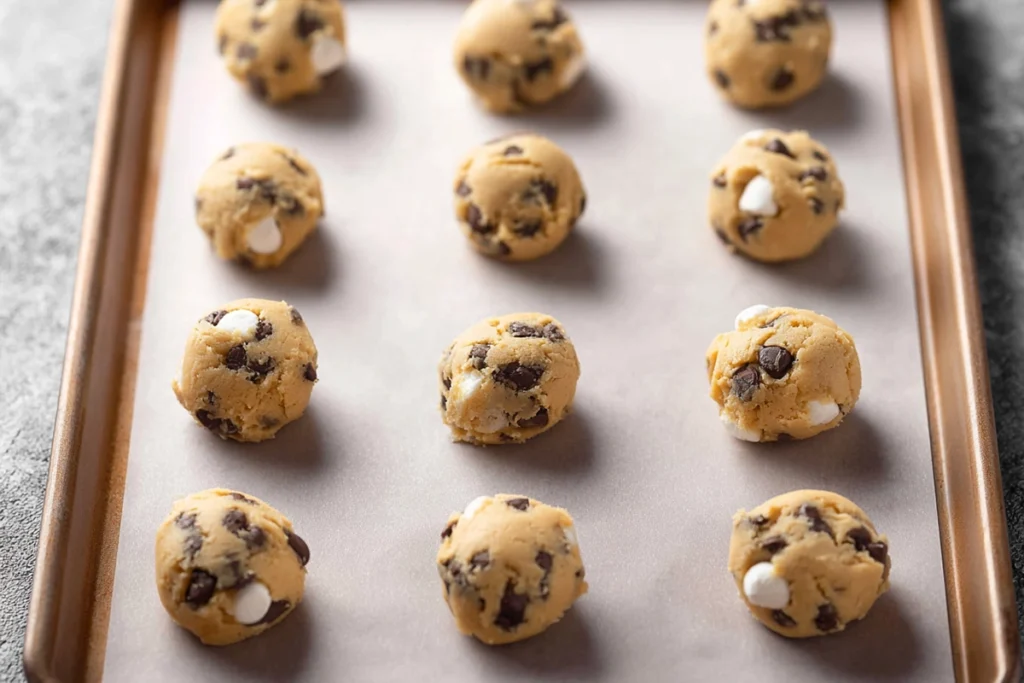 overhead image of s’mores cookies dough balls on a baking sheet before chilling