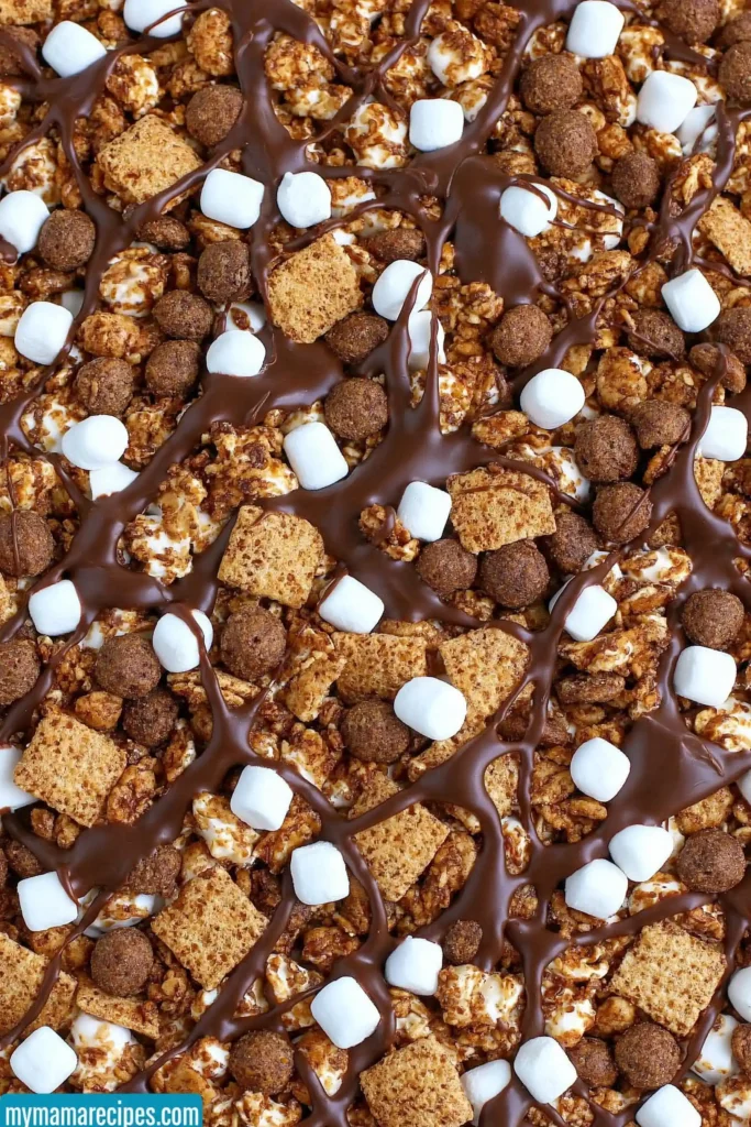 S’mores Snack Mix for an Easy No-Bake Treat 7 S’mores Snack Mix covered with a thin milk chocolate drizzle