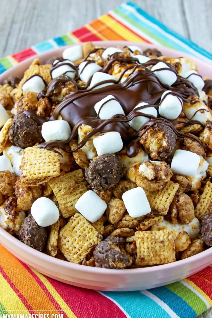 S’mores Snack Mix for an Easy No-Bake Treat 2 Crunchy S’mores Snack Mix with marshmallows and milk chocolate drizzle