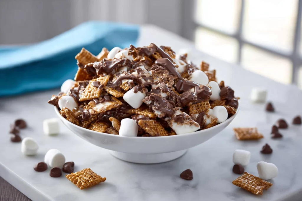 S’mores Snack Mix in a bowl with chocolate, marshmallows, and graham cereal
