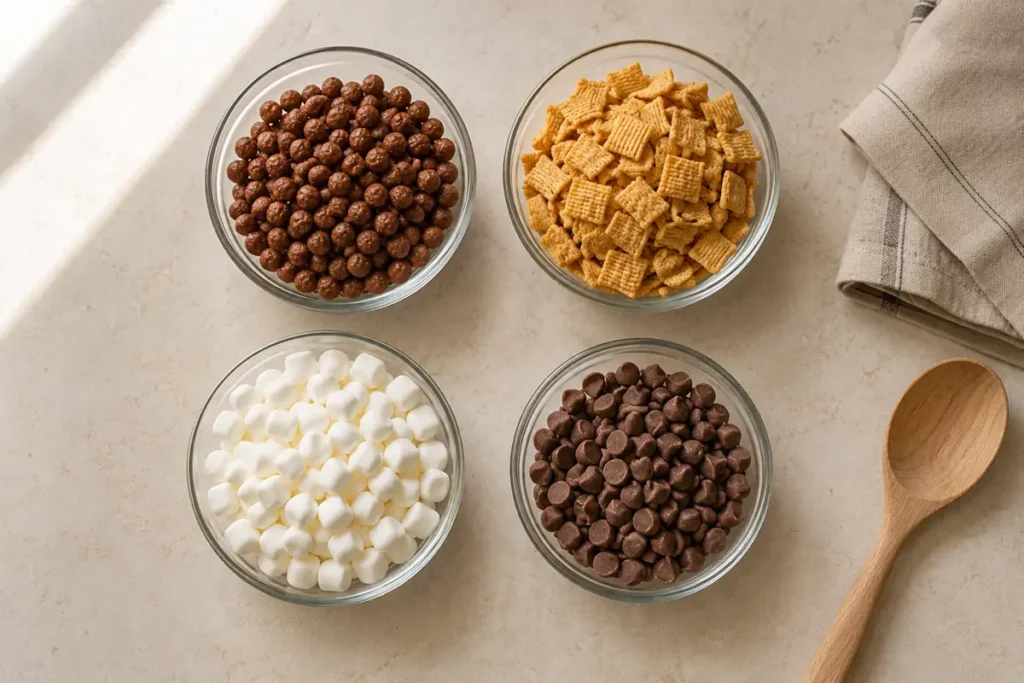 S’mores Snack Mix for an Easy No-Bake Treat 4 S’mores Snack Mix ingredients with cereal, marshmallows, and chocolate chips