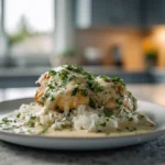 Smothered Chicken and Rice served with creamy sauce and rice on a modern plate