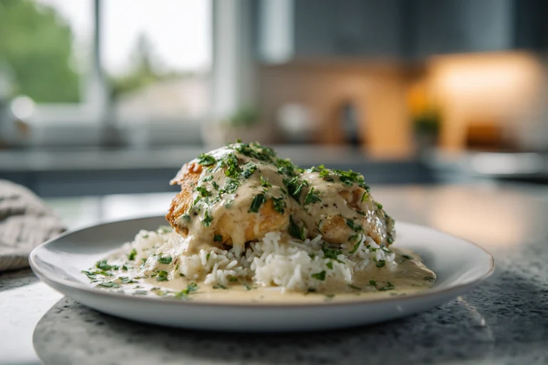 Smothered Chicken and Rice served with creamy sauce and rice on a modern plate