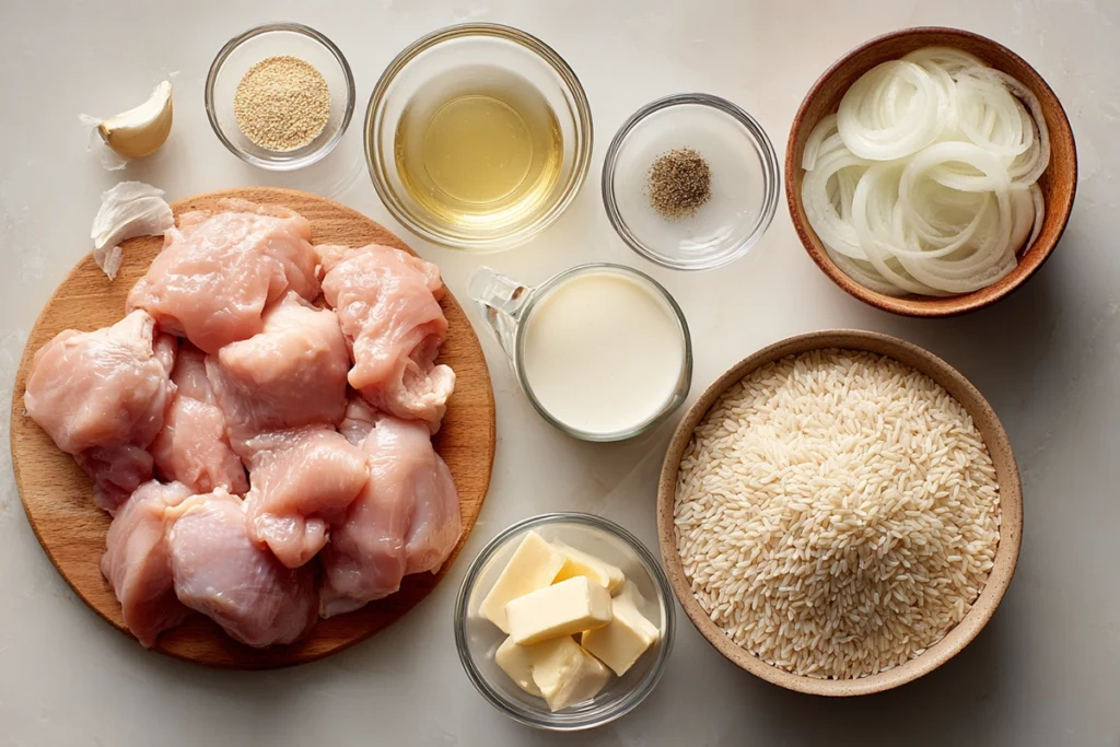 Ingredients for Smothered Chicken and Rice arranged neatly on a kitchen counter