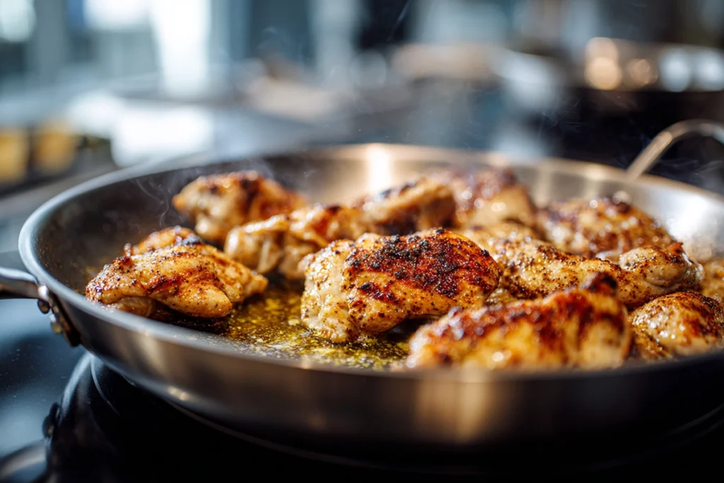 Chicken searing in a skillet for Smothered Chicken and Rice