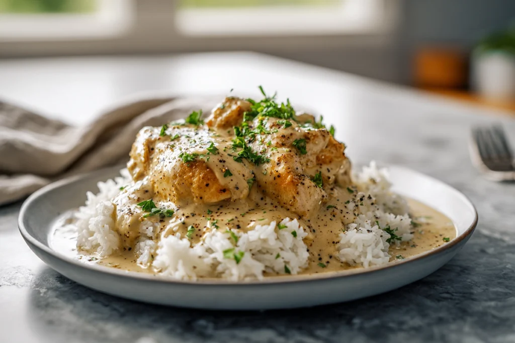 Smothered Chicken and Rice plated and ready to serve