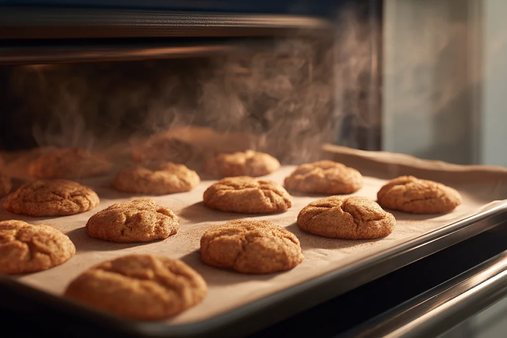 freshly baked snickerdoodle mini cookies on tray inside modern oven