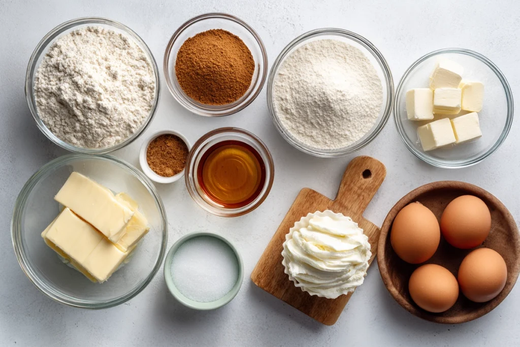 overhead photo of ingredients for snickerdoodle mini cookies arranged neatly in glass bowls