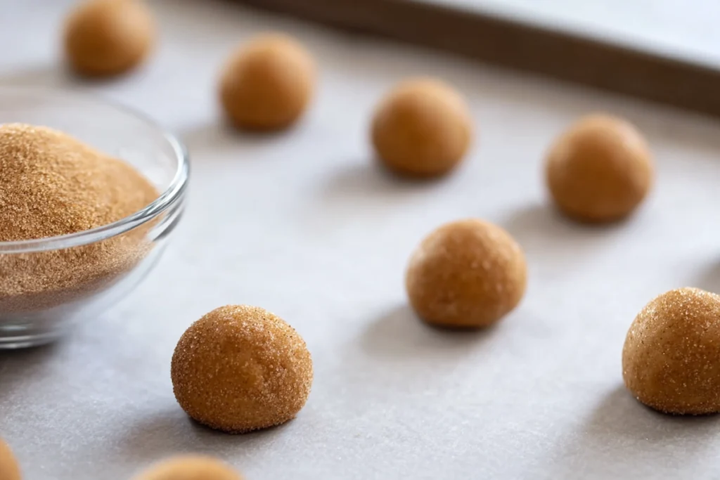 dough balls for snickerdoodle mini cookies rolled in cinnamon sugar