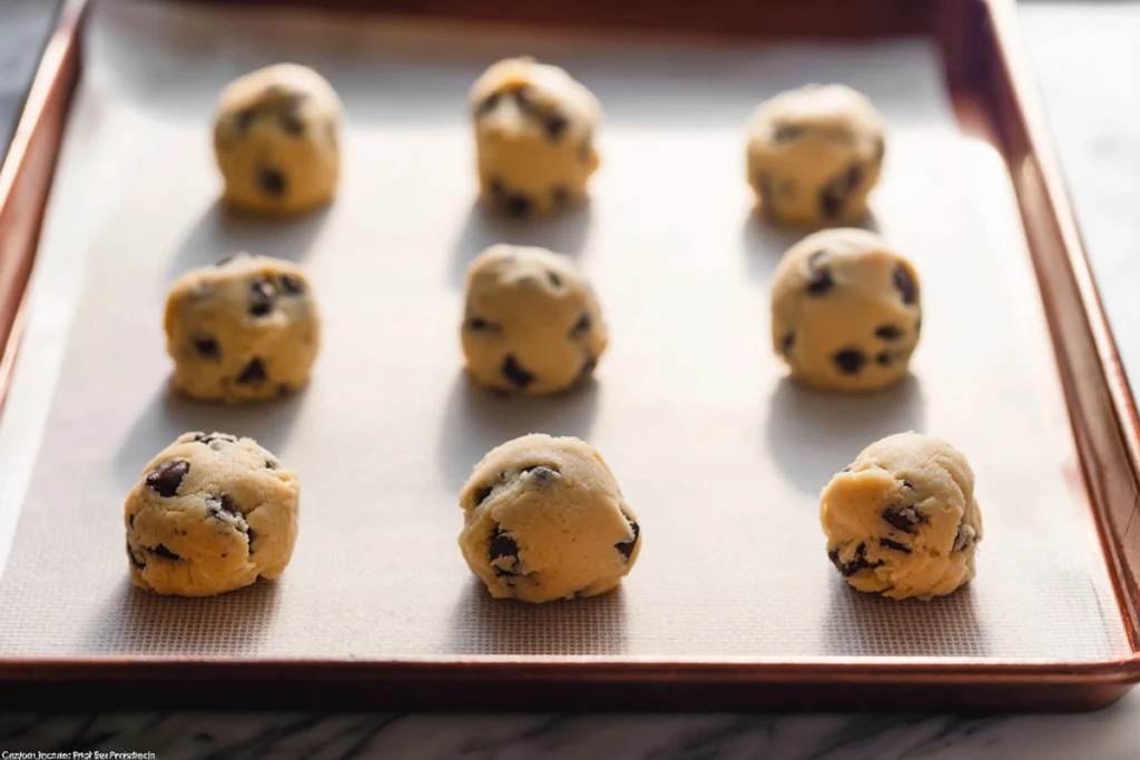 portioned dough balls for soft chocolate chip cookies resting on a parchment-lined baking sheet