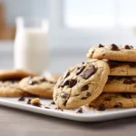 photorealistic soft chocolate chip cookies stacked on a plate in a modern kitchen