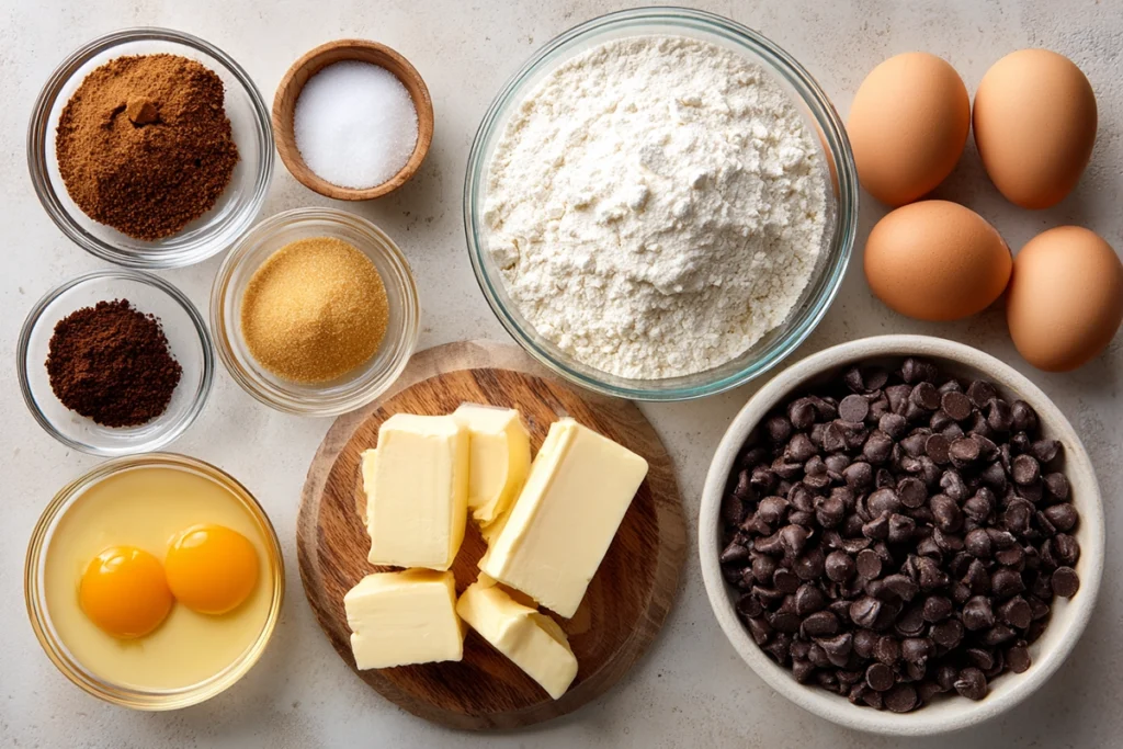 overhead flatlay of soft chocolate chip cookie ingredients arranged neatly in a modern kitchen