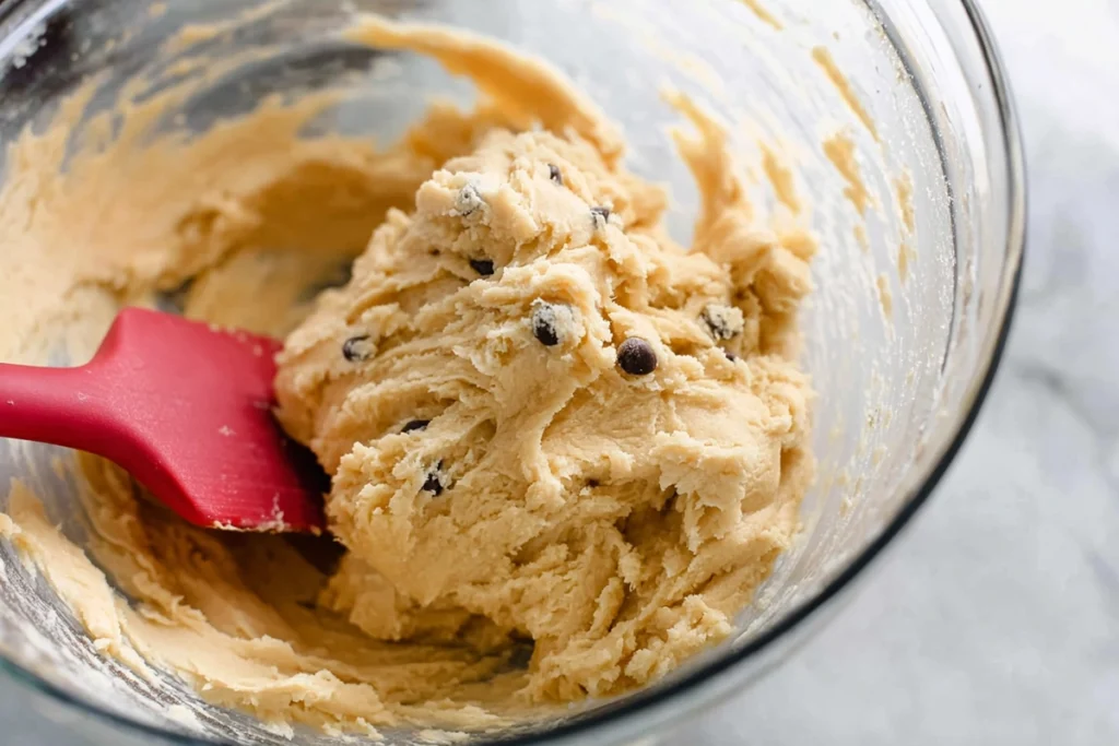 cookie dough mixture for soft chocolate chip cookies in a bowl on a modern kitchen counter