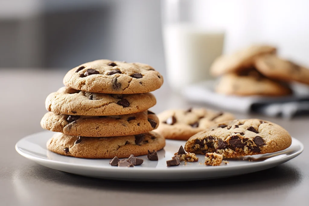 serving platter of soft chocolate chip cookies in a modern kitchen
