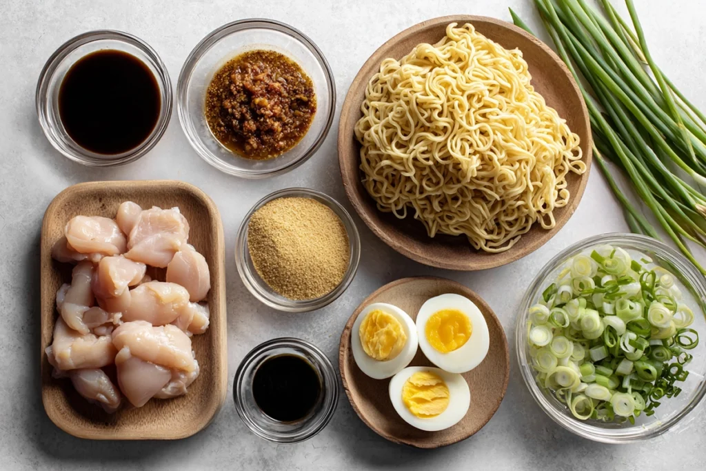 Ingredients for Spicy Chicken Ramen arranged neatly on a modern kitchen counter