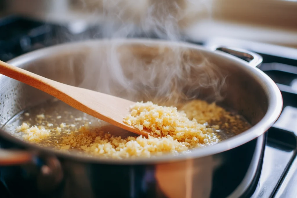 Garlic and ginger sautéing in a pot for Spicy Chicken Ramen broth