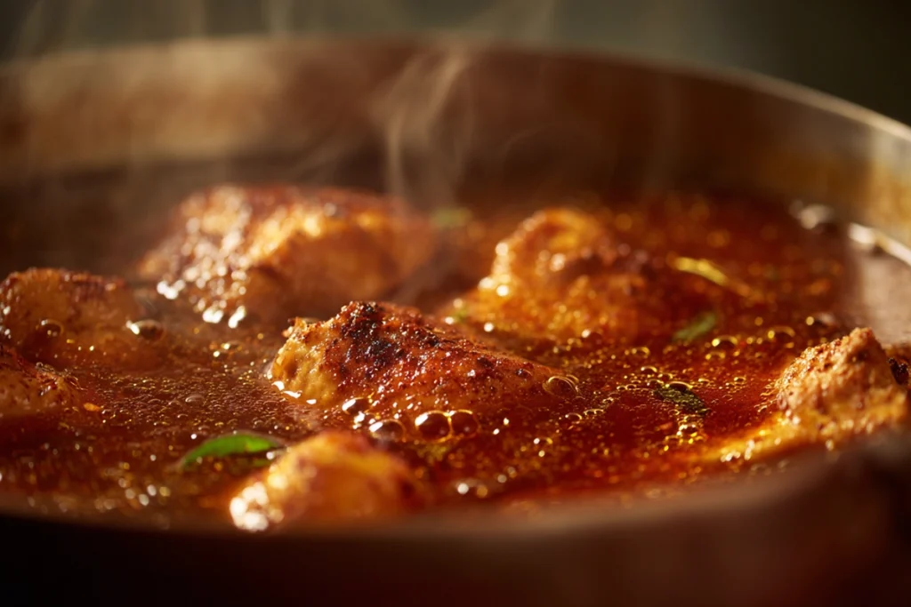 Chicken simmering in spicy broth for homemade Spicy Chicken Ramen