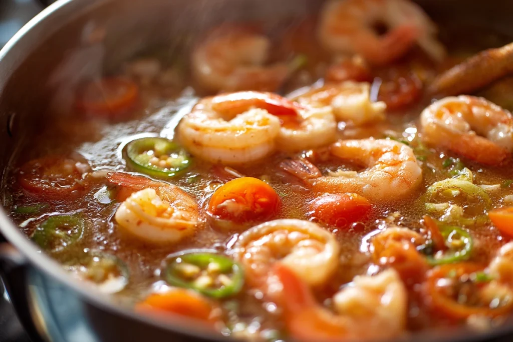 Cooking shrimp in a simmering Spicy Shrimp Soup with jalapeños and broth