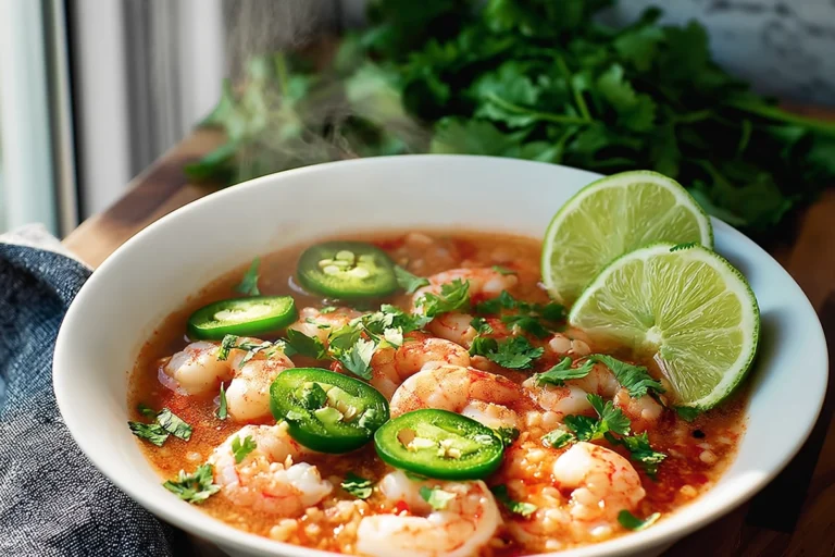 Spicy Shrimp Soup in a modern kitchen with fresh shrimp, cilantro, and lime