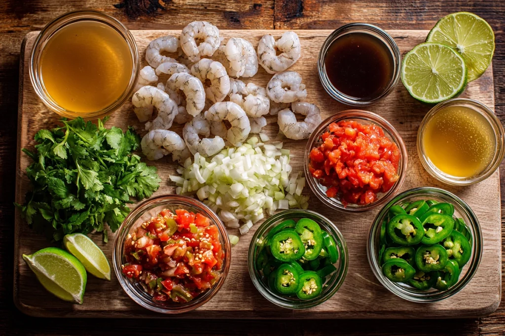 Overhead view of ingredients for Spicy Shrimp Soup including shrimp, jalapeños, garlic, and herbs