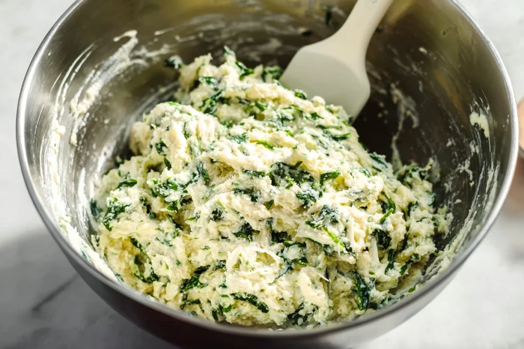 close-up of ricotta and spinach filling for stuffed shells recipe