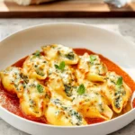 photorealistic hero shot of spinach and ricotta stuffed shells on a modern plate