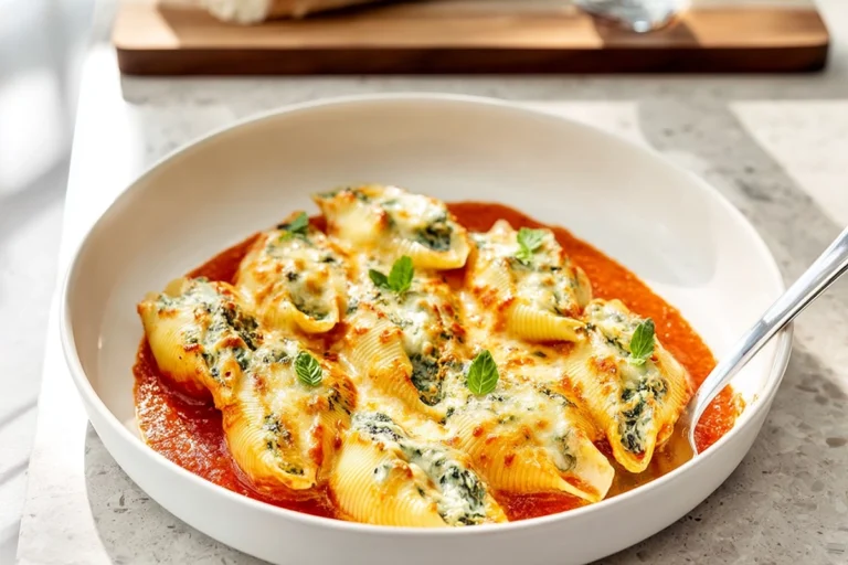 photorealistic hero shot of spinach and ricotta stuffed shells on a modern plate