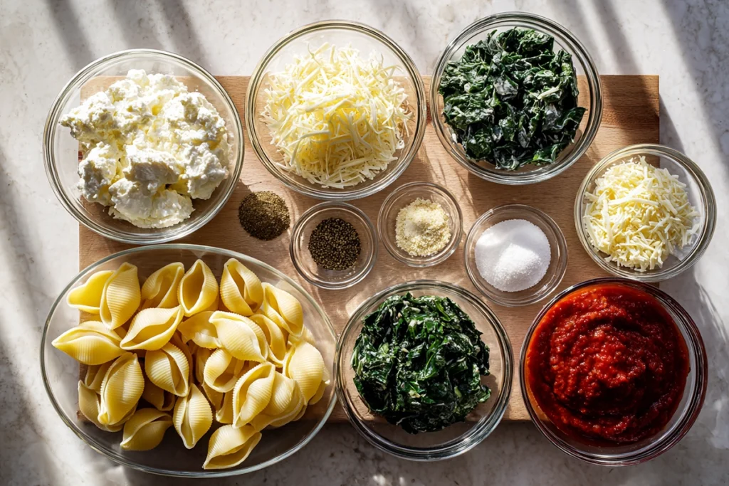 overhead ingredients shot for spinach and ricotta stuffed shells recipe