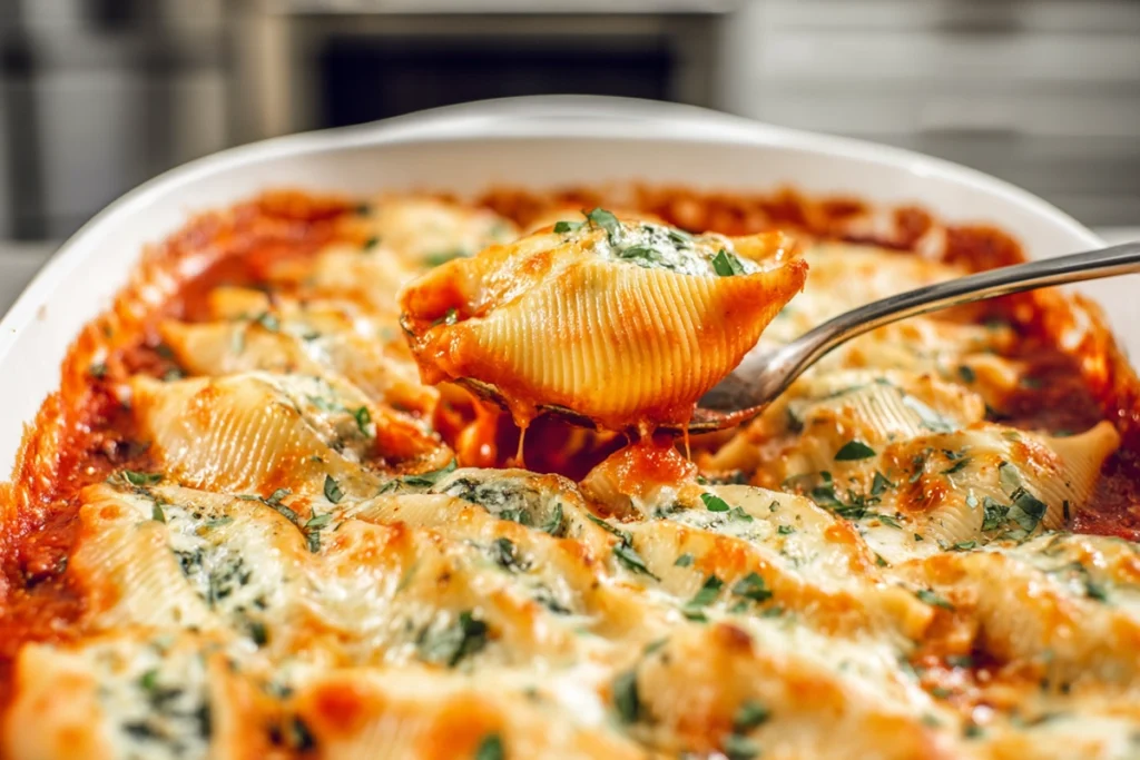 final serving shot of spinach and ricotta stuffed shells in a white baking dish