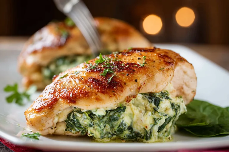 photorealistic spinach stuffed chicken breasts plated hero image