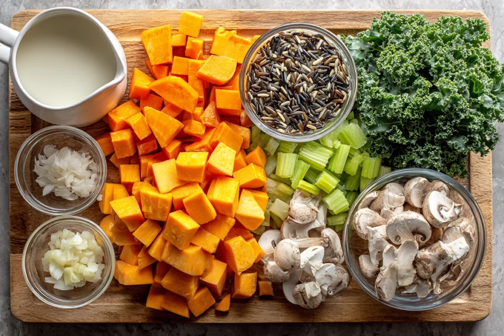 Overhead view of Cozy Autumn Wild Rice Soup ingredients in bowls and on cutting board