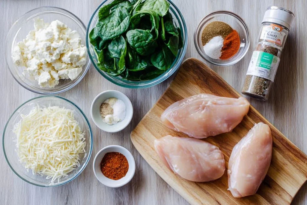 overhead view of ingredients for spinach stuffed chicken breasts in glass bowls