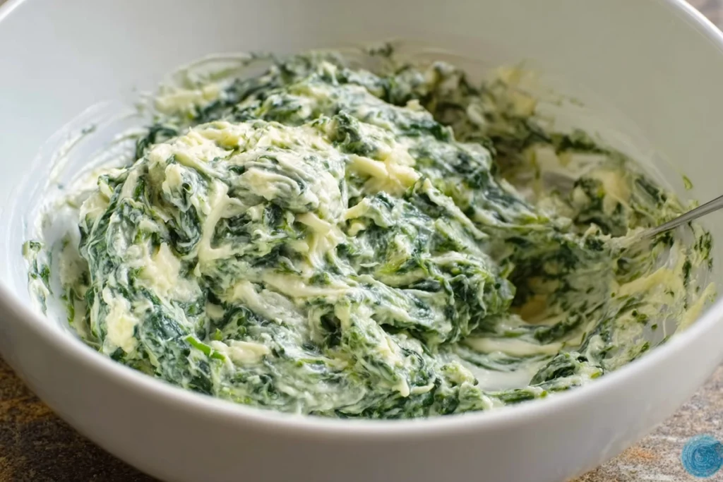 45-degree view of stuffing chicken breast with spinach filling