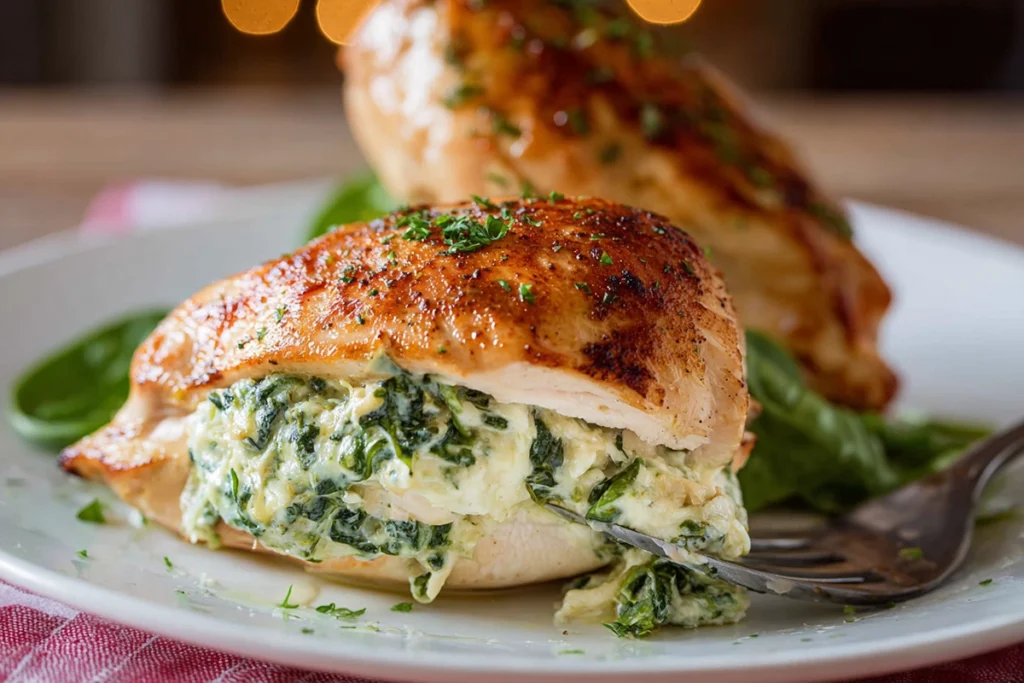 serving view of finished spinach stuffed chicken breasts on modern plate
