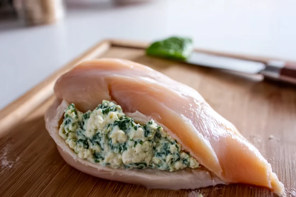 close-up of mixing spinach cheese filling for spinach stuffed chicken
