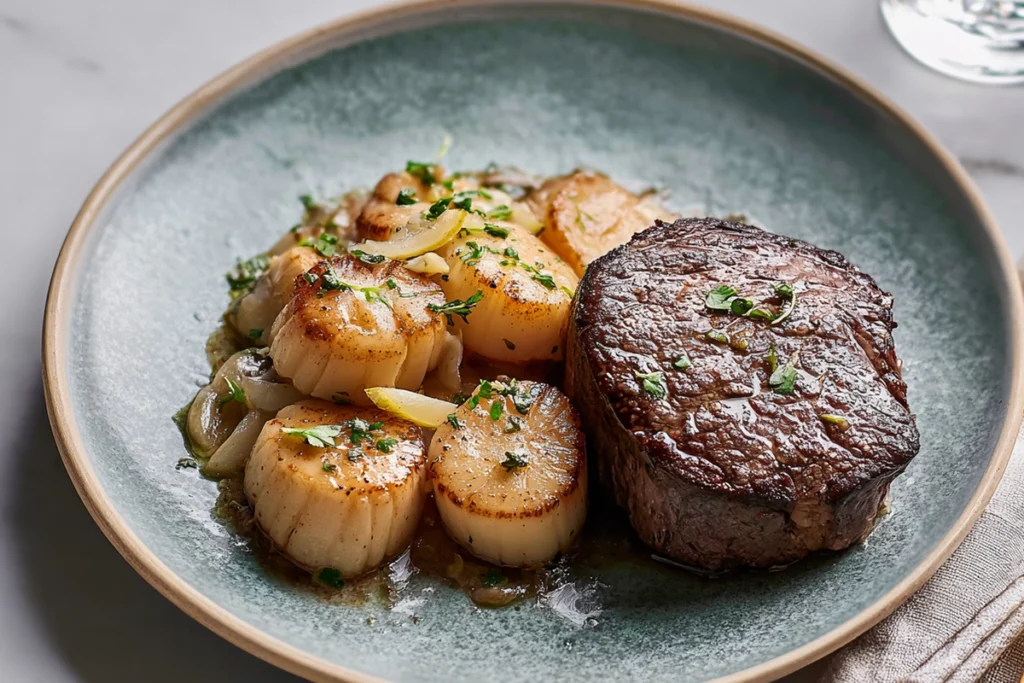 steak and scallops served on modern plate