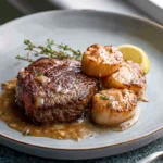 steak and scallops plated with seared steak and golden scallops