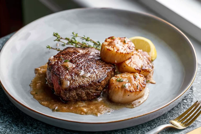 steak and scallops plated with seared steak and golden scallops