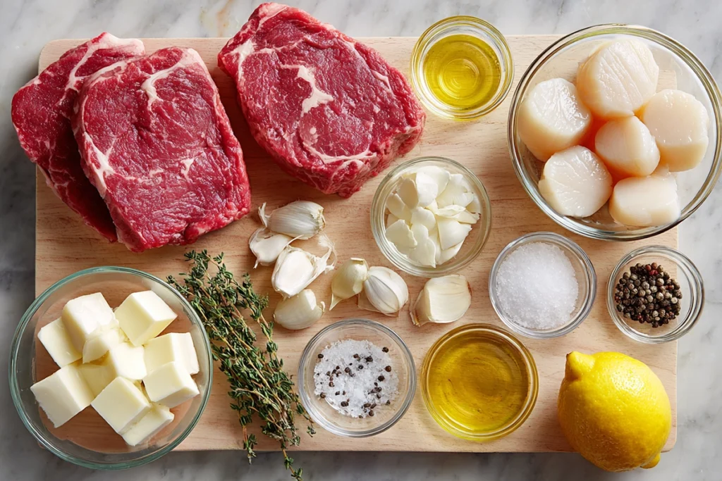 steak and scallops ingredients arranged on kitchen counter