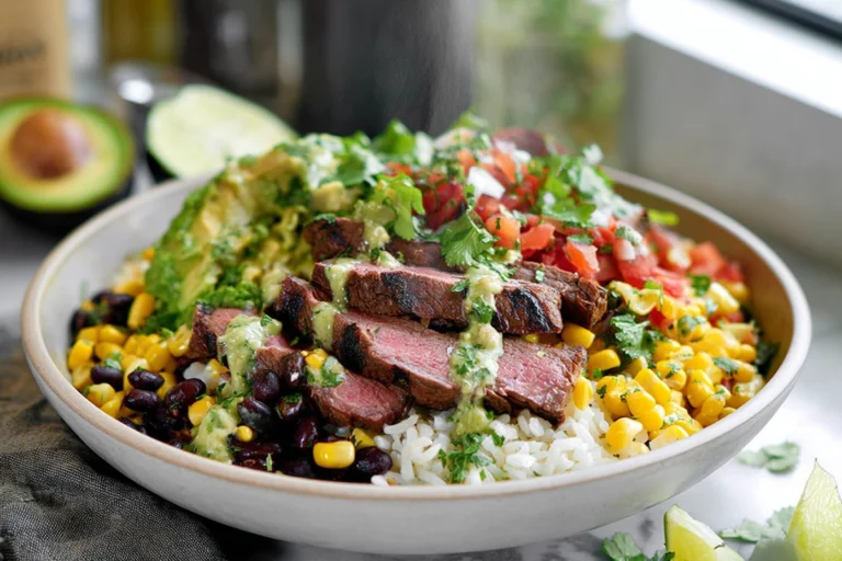 A vibrant and neatly styled steak burrito bowl captured in soft natural daylight.