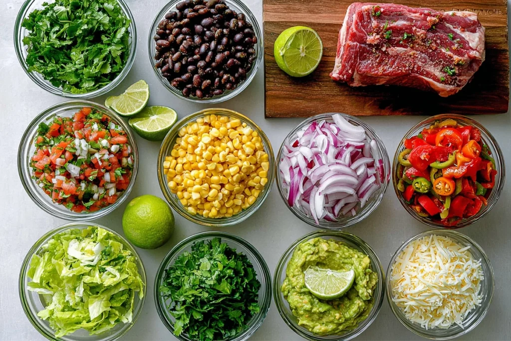 overhead ingredients layout for steak burrito bowl with fresh produce