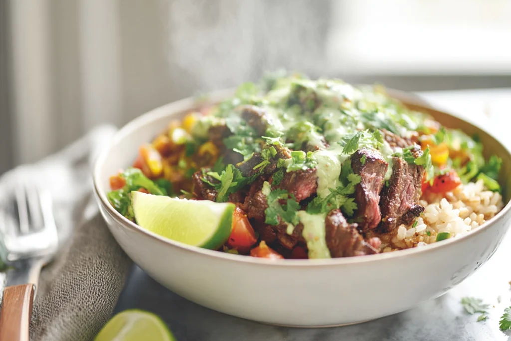 served steak burrito bowl with fresh garnish in modern kitchen