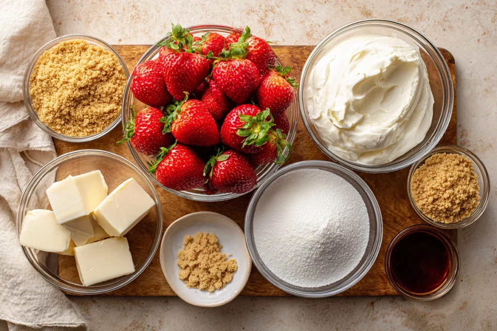 overhead ingredients layout for strawberry cheesecake bites on modern counter
